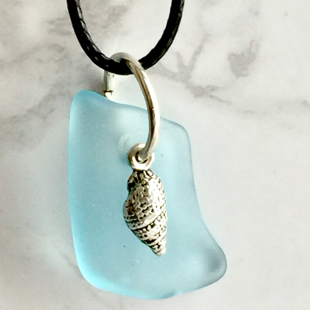 Rare Aqua Blue Sea Glass Pendant Necklace