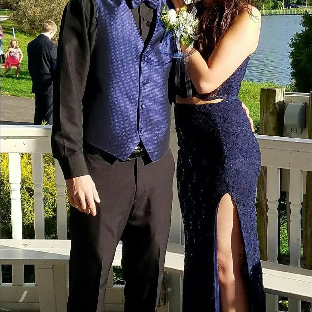 Blue lace two piece prom dress
