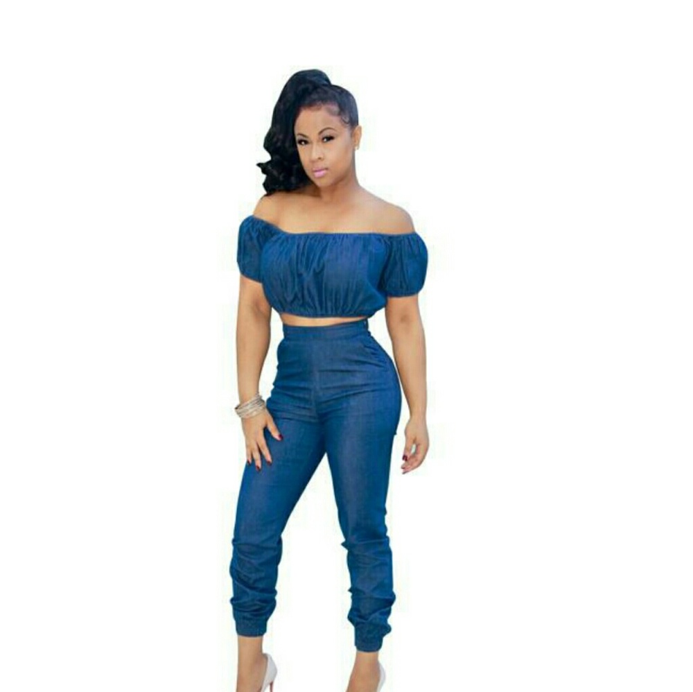 Off Shouldr Stylish Blue Denim Crop Top and Jeans