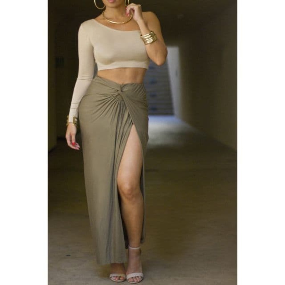Olive Knot Drape Maxi Skirt
