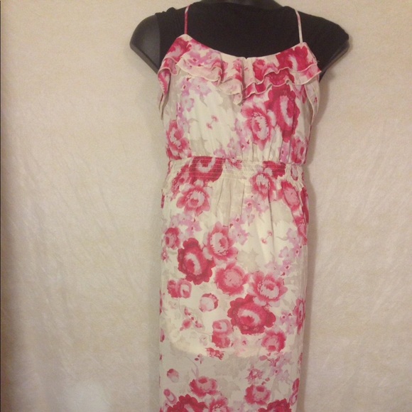 Pink and cream ruffle semi sheer dress with slip - Picture 2 of 6