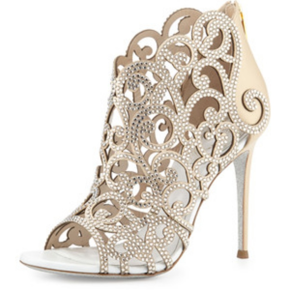NIB Rene Caovilla Gold Satin Strass Pumps