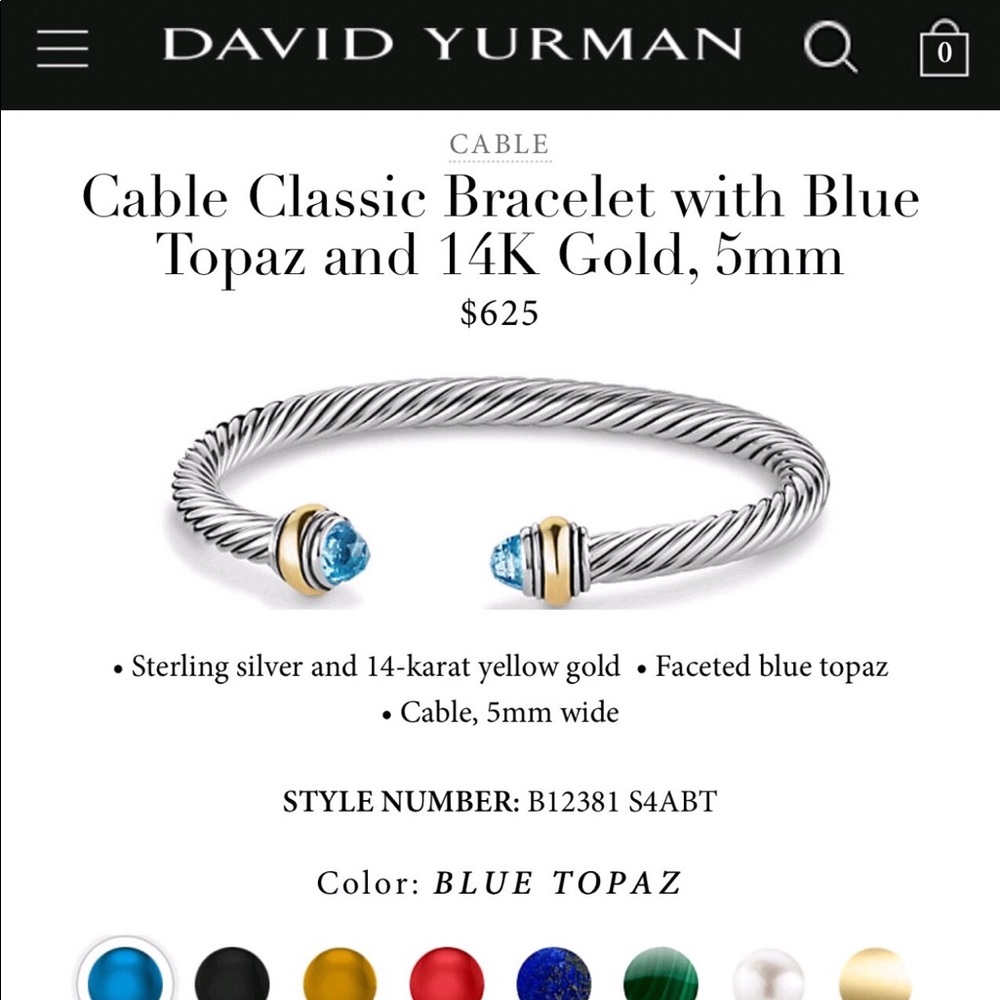 David Yurman Blue Topaz Cable Cuff Bracelet - Picture 8 of 8