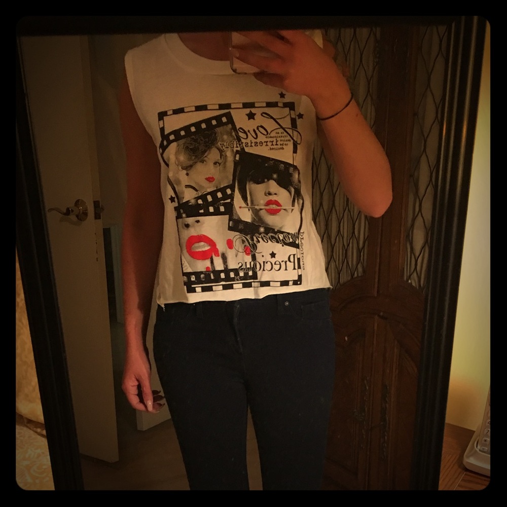 White Tank Top w/ black print and red accent