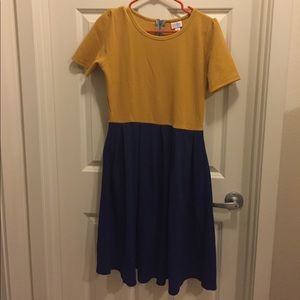 Lula Roe Amelia dress gold and navy blue