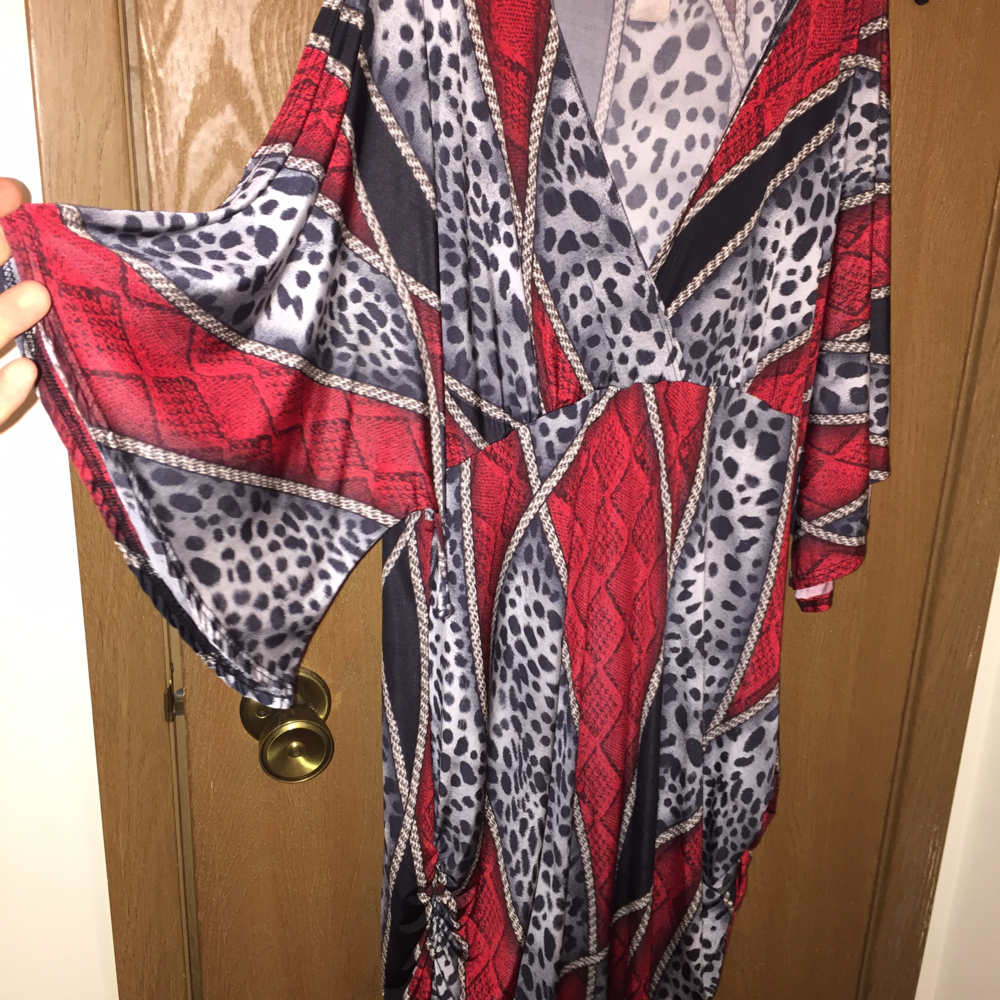 Red/black/gray cold shoulder dress by Eien