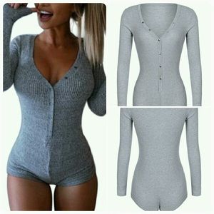 Gray long sleeve button up romper