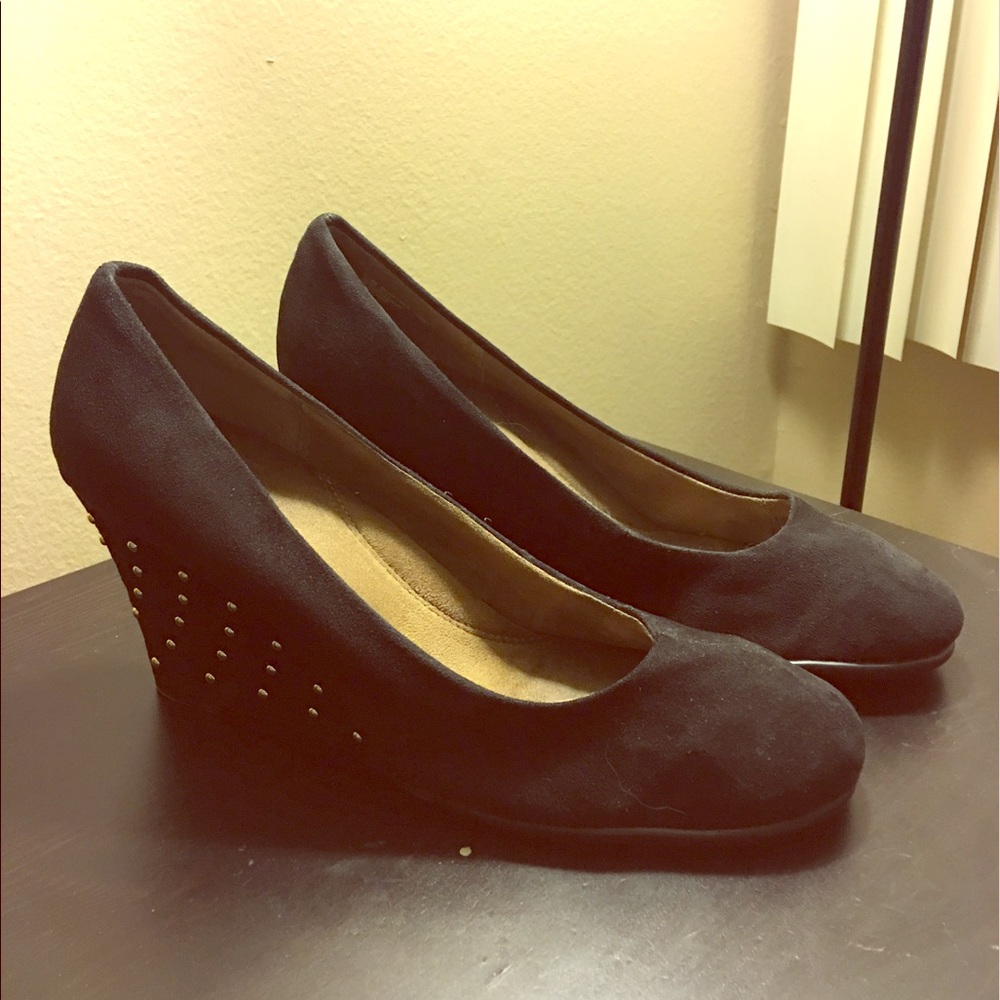 Black Wedges with Gold Studs on Heels