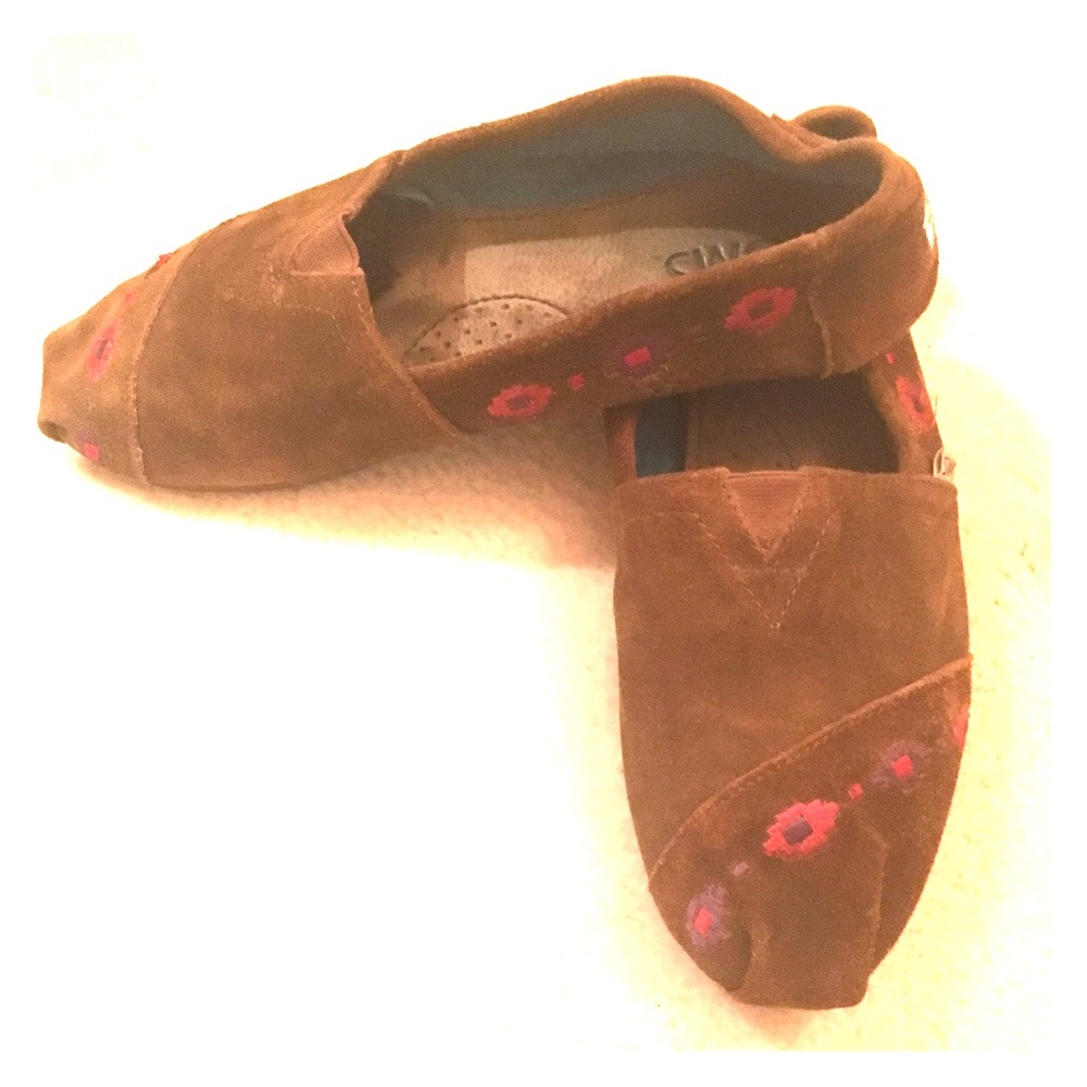 TOMS Brown Suede Embroidered Slip-On Shoes