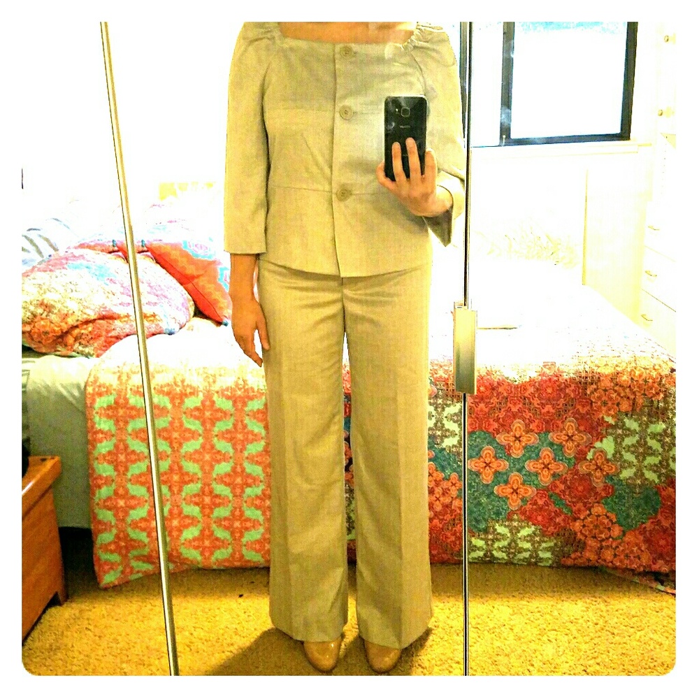 Trina Turk khaki wiyh gold shimmer suit