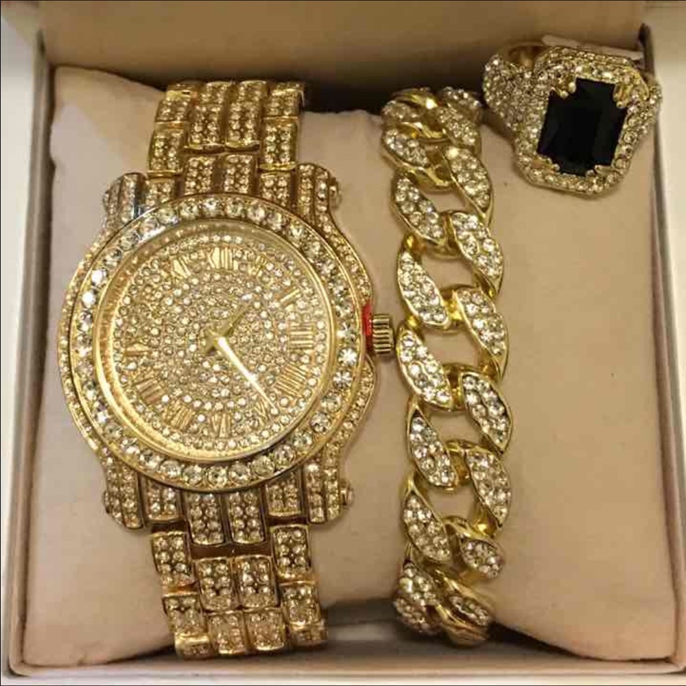 Men's 14K Gold Tone Watch&Braclet&Black Ruby Ring