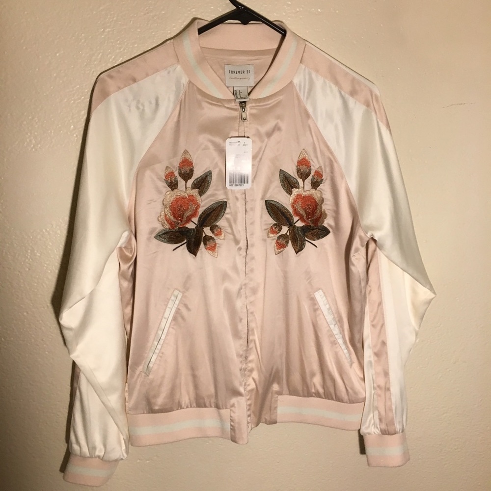 NWT Forever 21 Embroidered Satin Bomber Jacket