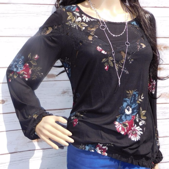 Black Long Sleeve Light-Weight Top with Flowers - Picture 3 of 3