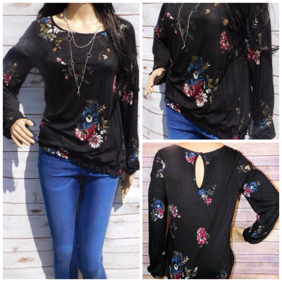 Black Long Sleeve Light-Weight Top with Flowers - Picture 1 of 3