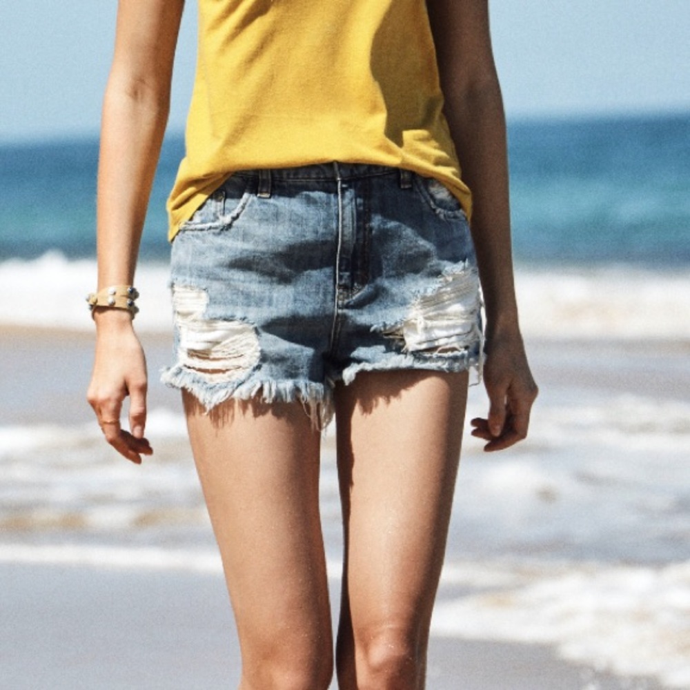 Ripped high rise denim shorts