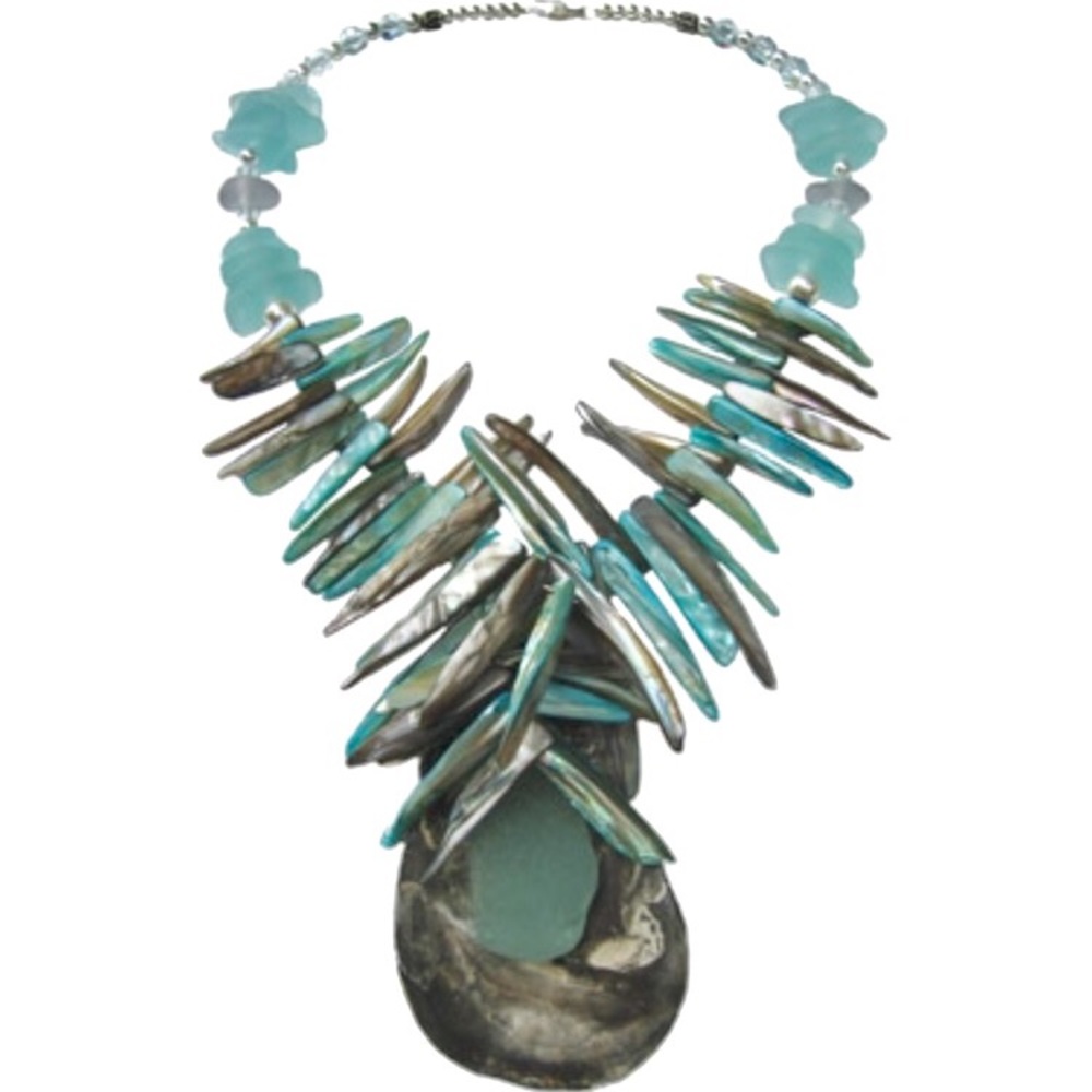 Aqua Sterling Sea Glass Shell Necklace