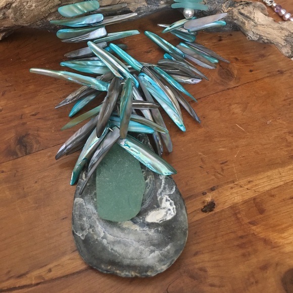 Aqua Sterling Sea Glass Shell Necklace - Picture 2 of 7
