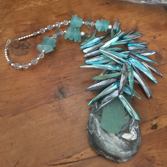 Aqua Sterling Sea Glass Shell Necklace - Picture 3 of 7
