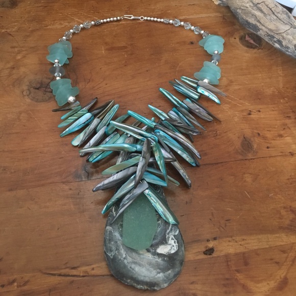 Aqua Sterling Sea Glass Shell Necklace - Picture 6 of 7