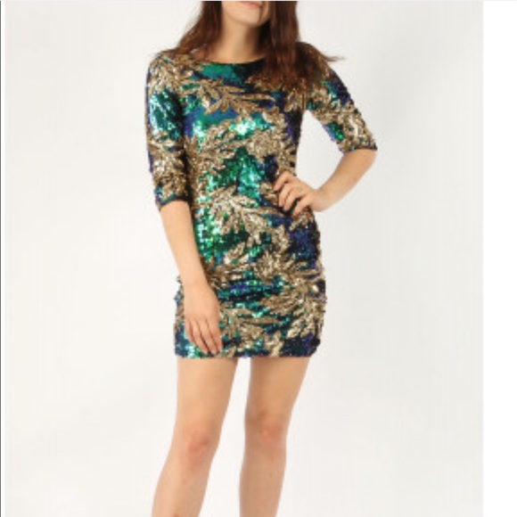 ‼️LAST ONE‼️Leaf Print Sequin dress - Picture 5 of 6