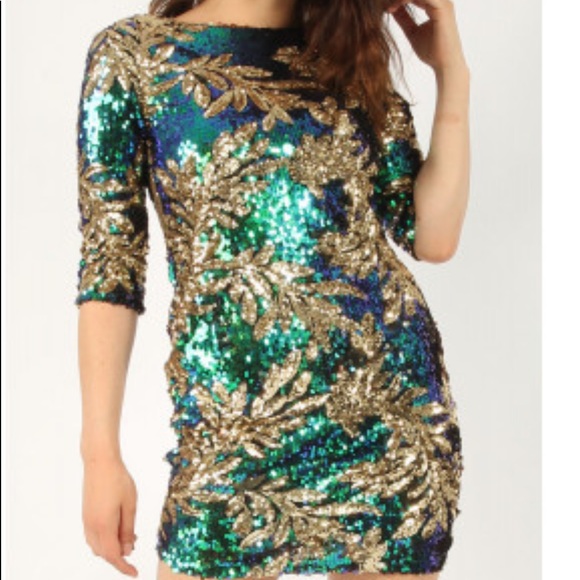 ‼️LAST ONE‼️Leaf Print Sequin dress - Picture 4 of 6