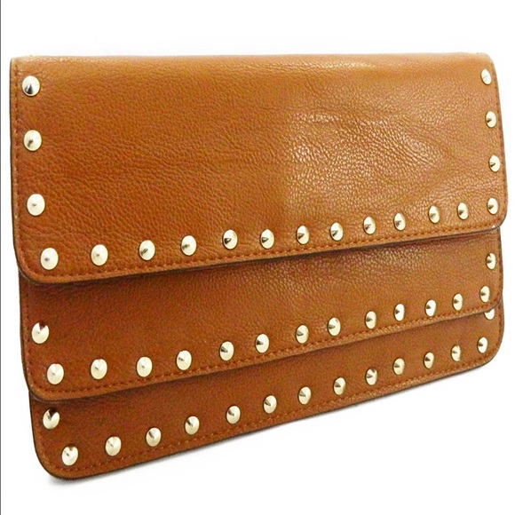 Brand New Gold Studded Brown Clutch - Picture 1 of 4