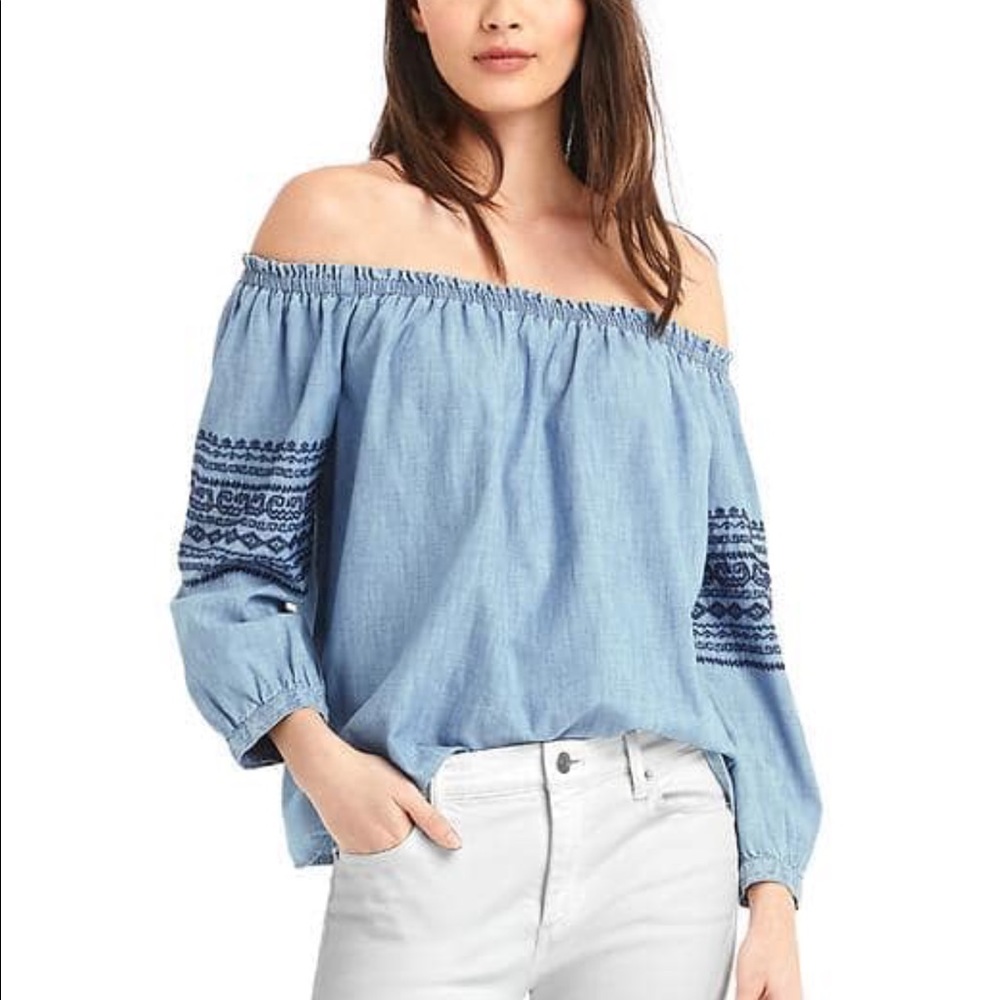 GAP Chambray Embroidered Off the Shoulder Shirt