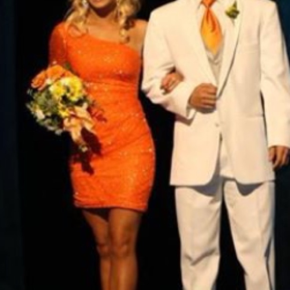 SOLD Sherri Hill orange beaded one sleeve dress - Picture 2 of 3