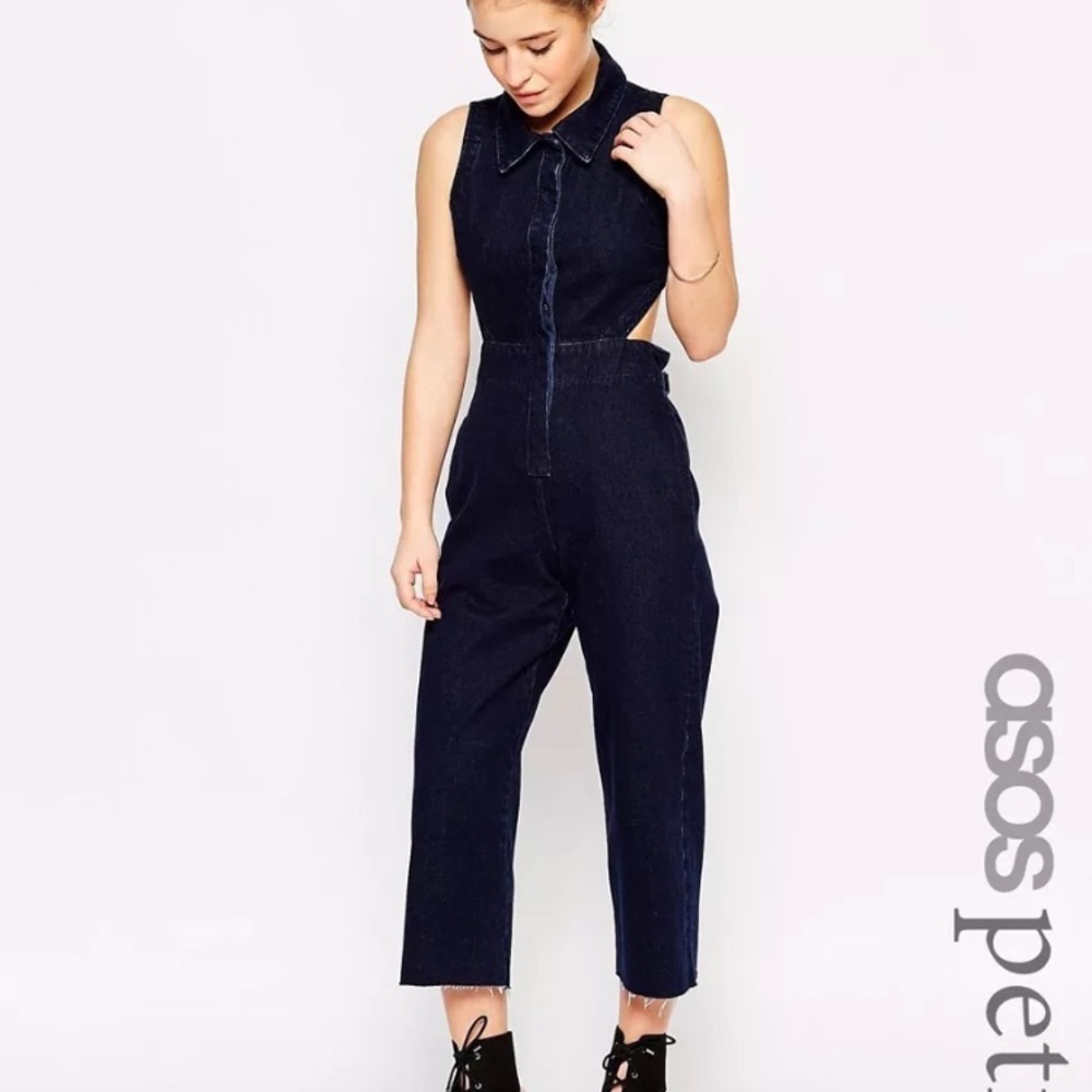 ASOS PETITE Denim Wide Leg Jumpsuit With Collar