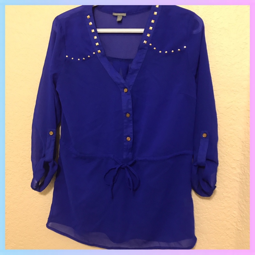 🔥🔥💙 NAVY BLUE CINCHED WAIST BLOUSE - Picture 2 of 5