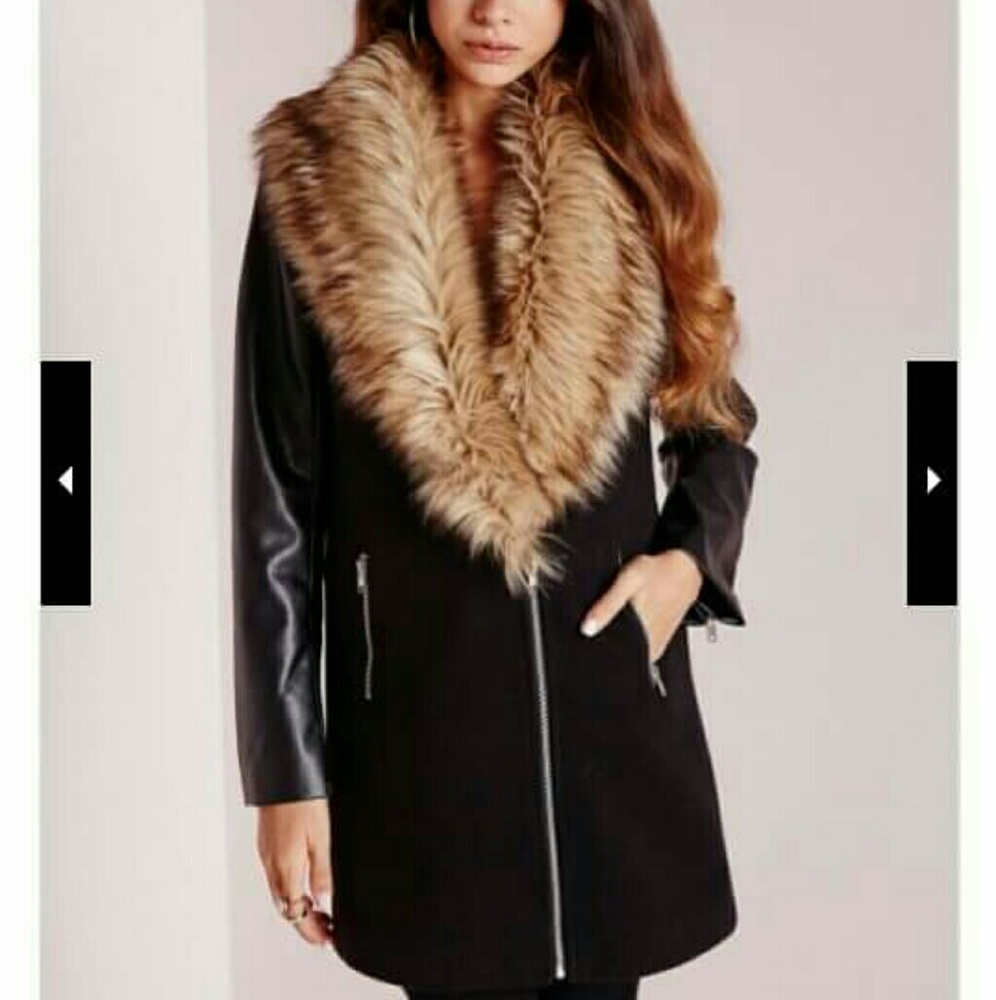 Biker Coat with Faux Leather Sleeves Black