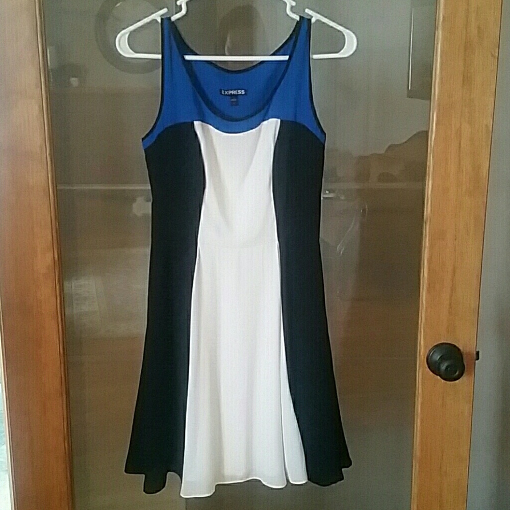 Express cocktail black,blue, and white dress