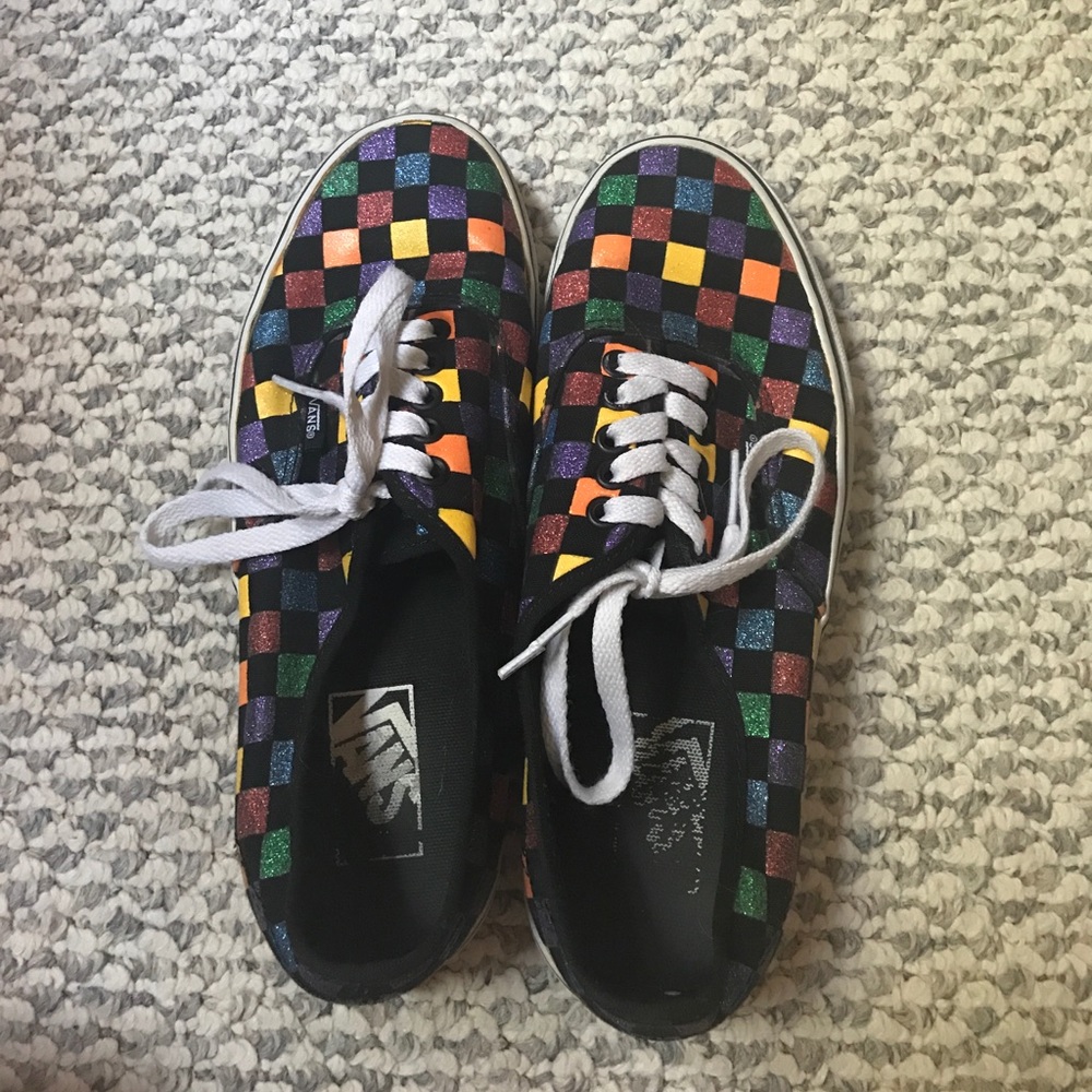 Sparkly rainbow checkered lace up vans!