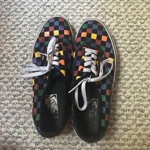 Sparkly rainbow checkered lace up vans!