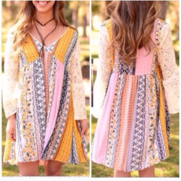 💓S-XXXL💓 Mustard Loose Summer Chic Lace Dress - Picture 2 of 8