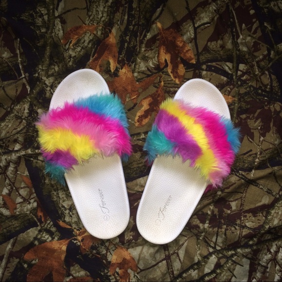 Shoes - Rainbow Fur Slides