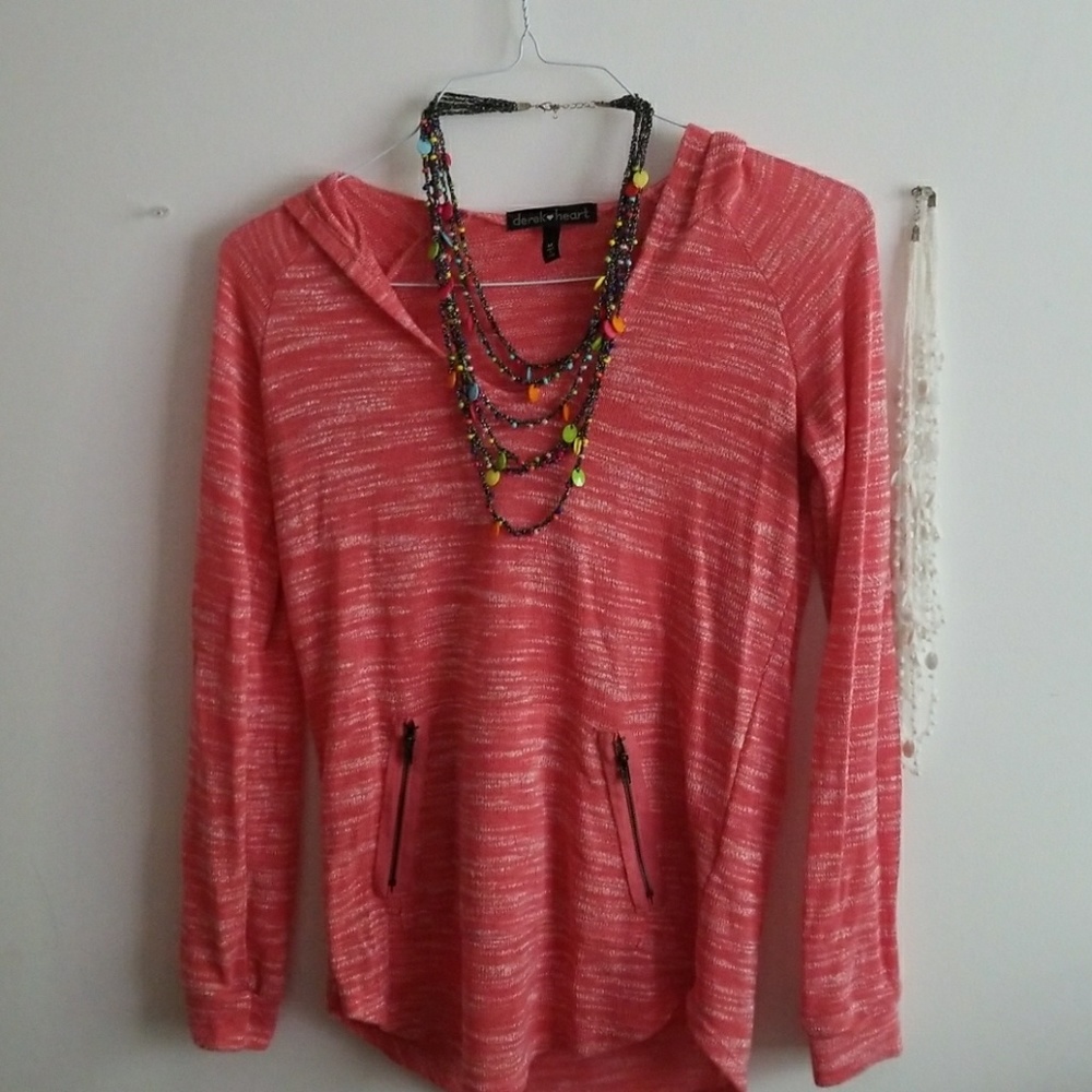 Hooded sweater w/ two cotton beaded necklaces