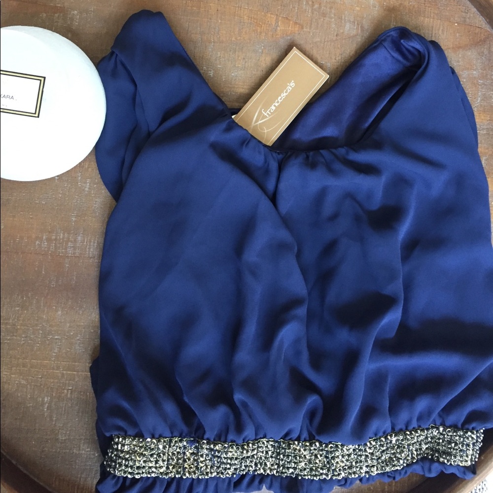 NWT Navy peplum blouse with gold brad detailing