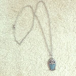 Silver and turquoise blue owl necklace