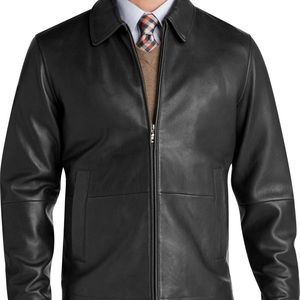 Designer NEW Black Leather Jacket, by Jos A Bank