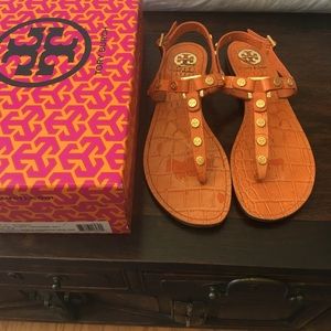 Tory Burch Marge sandals in orange croc, size 8.5.