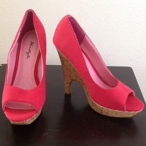 Red Peep Toe Corkscrew Wedge. Size 8