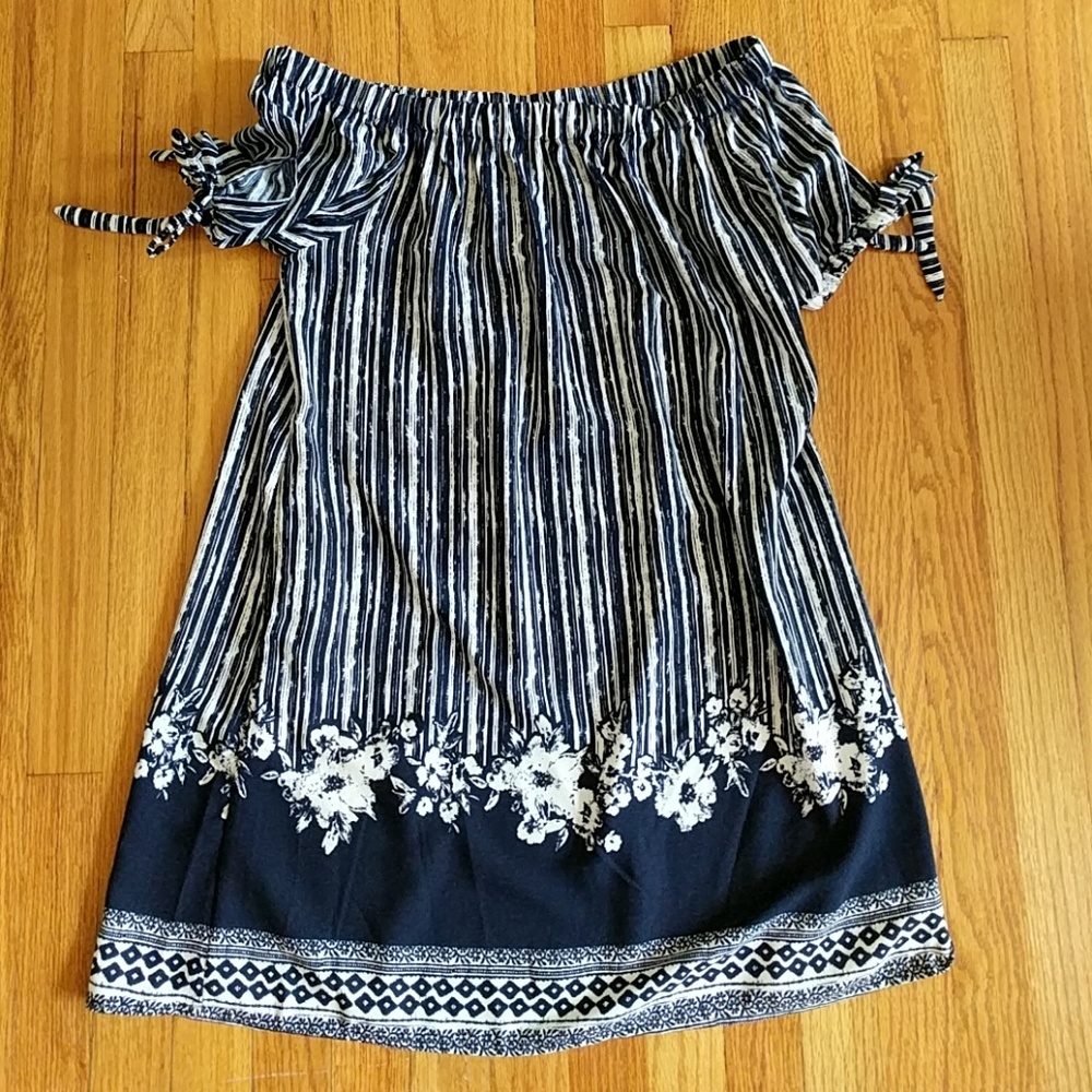 Cold shoulder blue & white striped dress