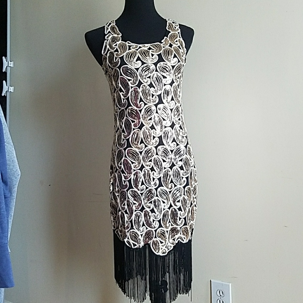 Handmade gold and black flapper dress with fringe
