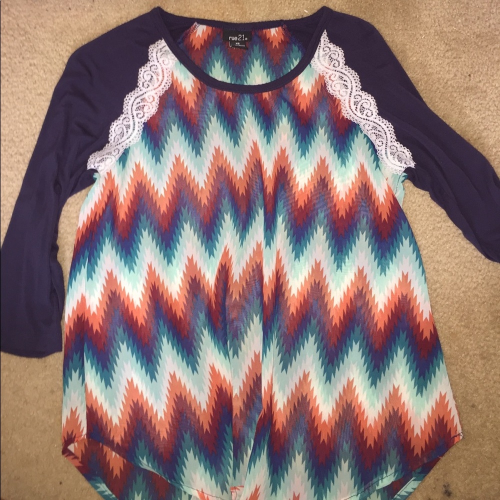 Blue Printed Top With Lace Sleeve Design