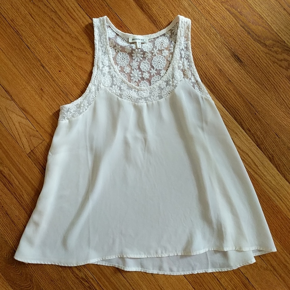 Lacy cream sleeveless blouse with sheer bodice