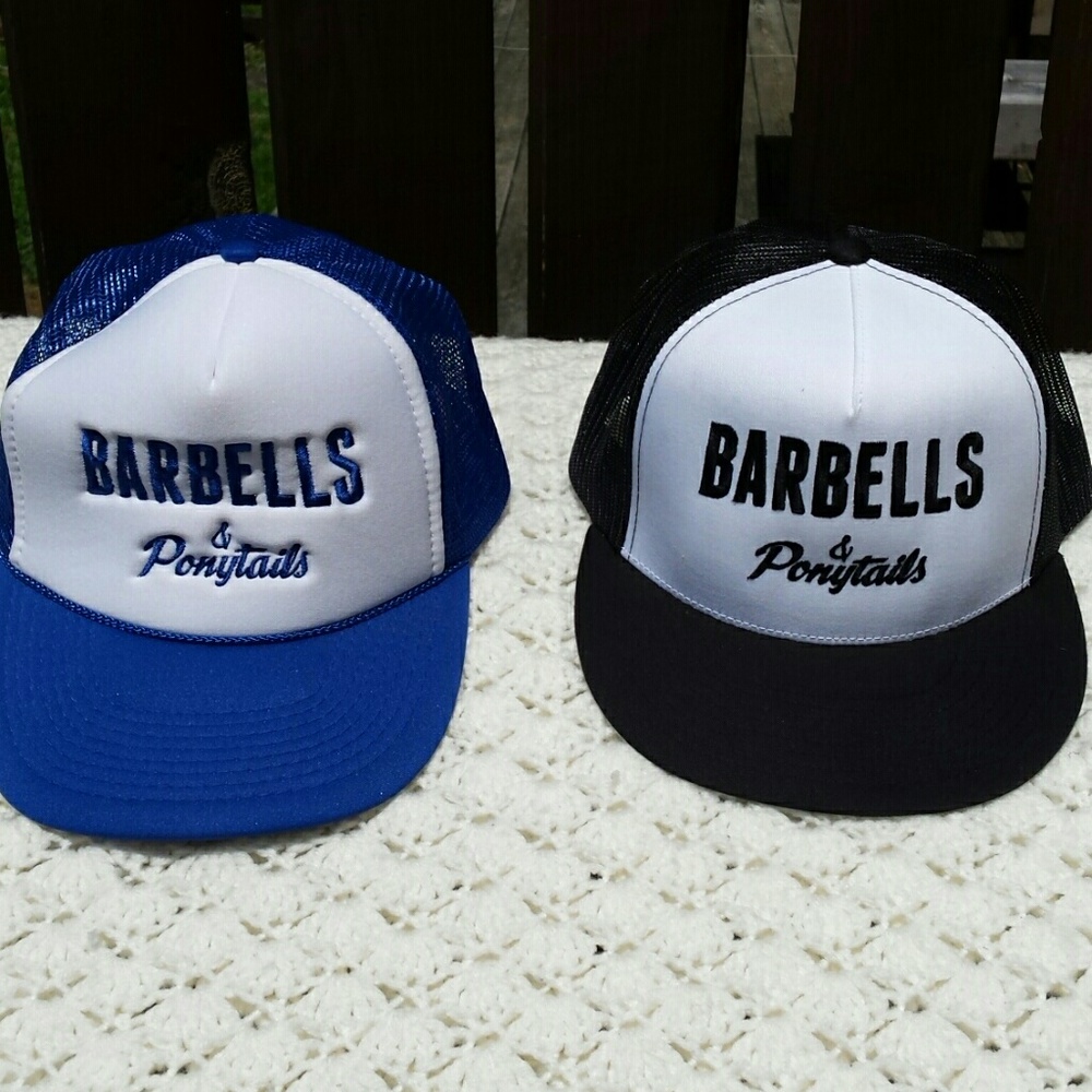 Barbells and Ponytails snapbacks.