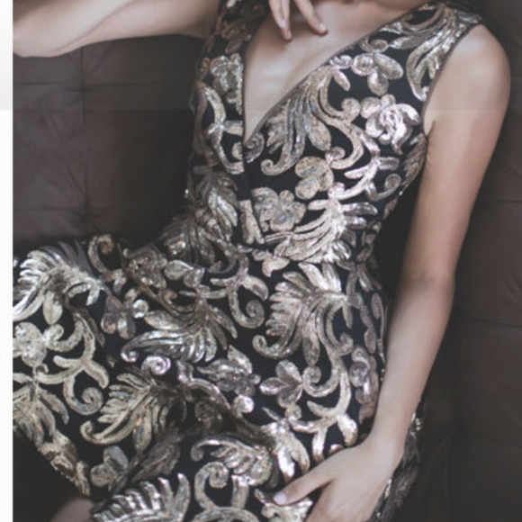 Sequin Gold Holiday Party Evening Cocktail Dress - Picture 3 of 7