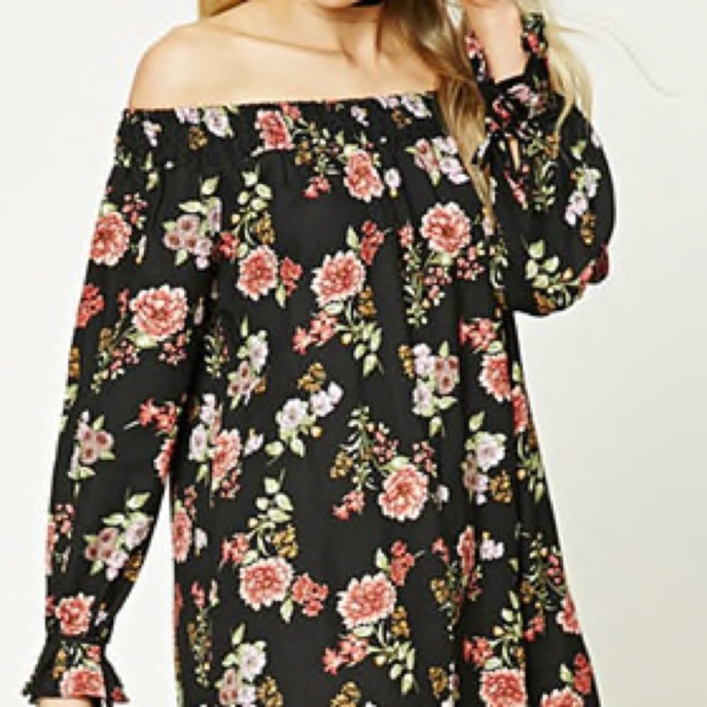 Black Floral Off The Shoulder Mini Dress Brand New