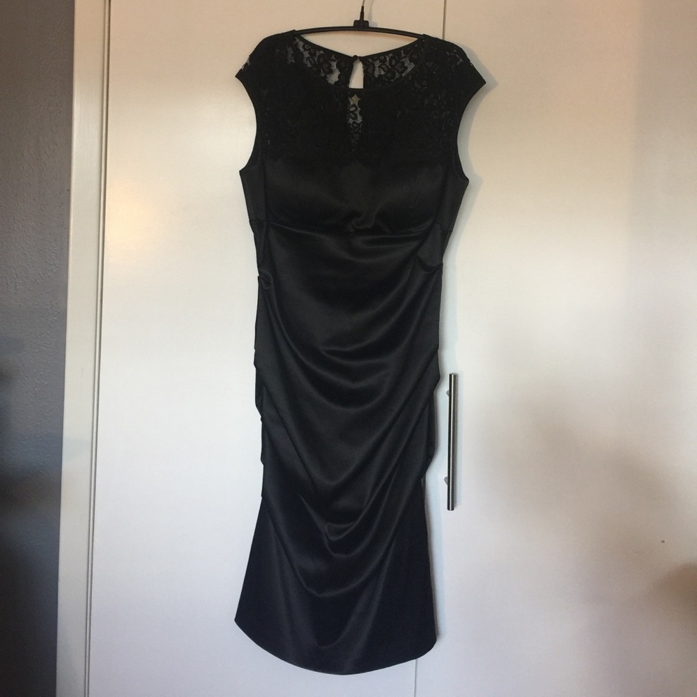 Davids Bridal black satin cocktail dress